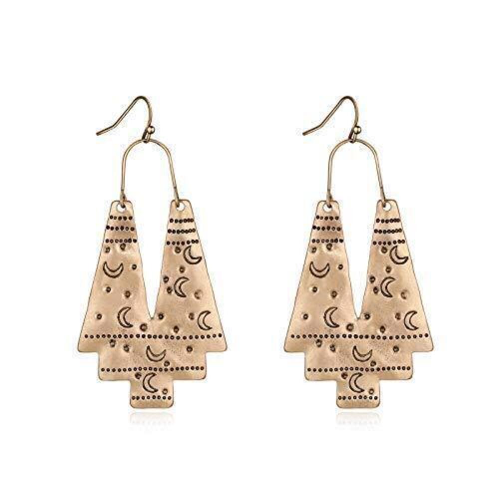 6564 Vintage Geometric Drop Earrings Carving Moon Pattern Big Gold